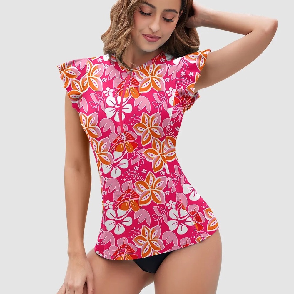 Bright Floral Ruffled Sleeve Swim Top